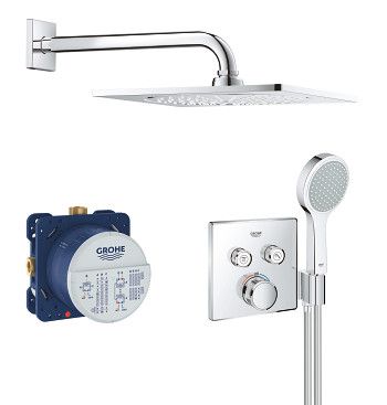 Zestaw prysznicowy podtynkowy, ścienny GROHE Grohtherm SmartControl mosiężny deszczownica 254 x 254 mm, ramię 286 mm, wąż 1250 mm chrom w komplecie: bateria termostatyczna kompletna, deszczownica z ramieniem, słuchawkę i wąż prysznicowy | 34742000