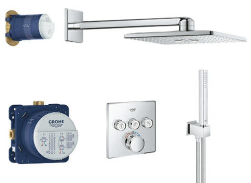 Grohtherm SmartControl 310 zestaw prysznicowy ścienny deszczownica 310 mm, ramię 400 mm chrom bateria Grohtherm SmartControl 29126, Rapido SmartBox 35600, zestaw Rainshower SmartActive 310 Cube 26479, prysznic Euphoria Cube Stick, wąż Rotaflex Longlife 15