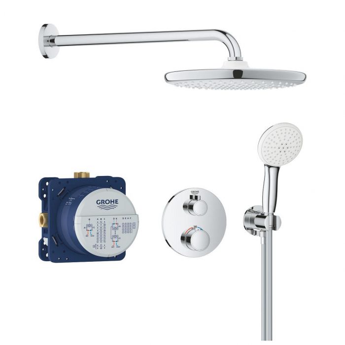 Zestaw prysznicowy podtynkowy GROHE Grohtherm zawiera: bateria do 2 wyjść wody (, wąż 1500mm4 076), Rapido SmartBox (35 604), desczownicę Tempesta 250 26 668), Tempesta 110 słuchawkę | 34872000