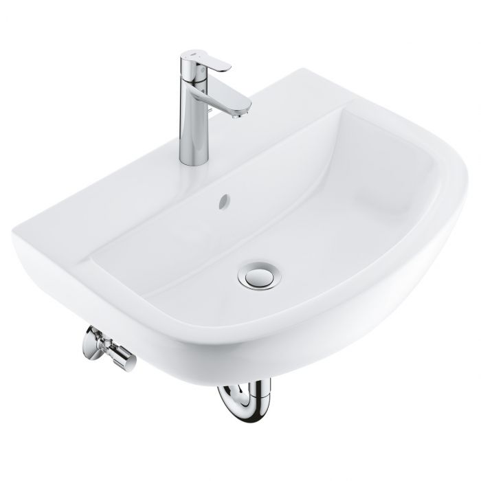 Umywalka ceramiczna GROHE Bau Ceramic 55 wisząca 553 x 386 x 151 mm biel alpejska z powłoką PureGuard w komplecie z baterią umywalkową BauEdge, Fixation set basin TOX, zaworem kątowym i syfonem | 39643000