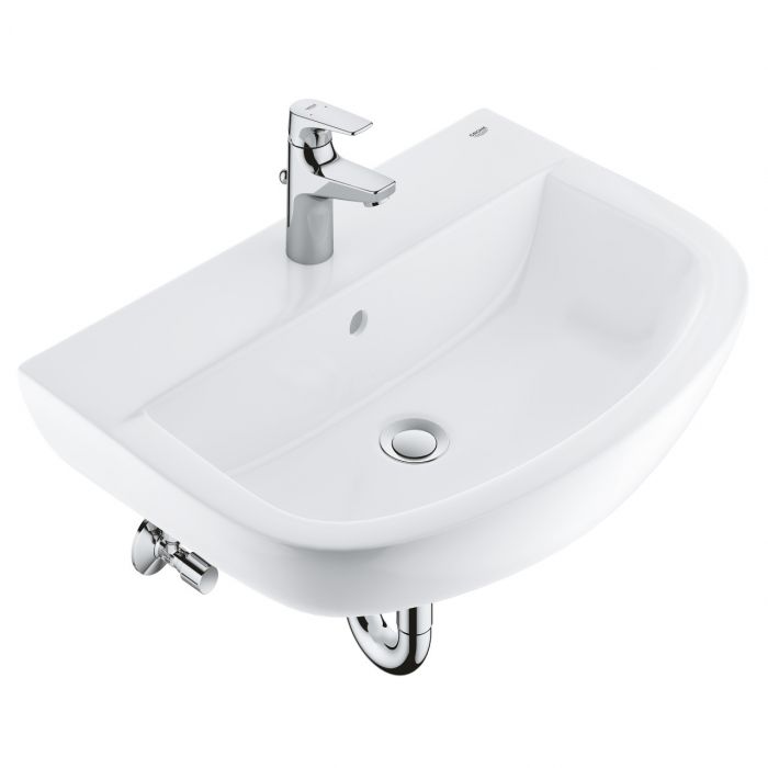Umywalka ceramiczna GROHE Bau Ceramic 55 wisząca 553 x 386 x 151 mm biel alpejska z powłoką PureGuard w komplecie z baterią umywalkową Bau Flow S, Fixation set basin TOX, zaworem kątowym i syfonem | 39644000