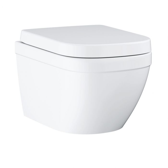 Miska WC wisząca GROHE Euro Ceramic bezkołnierzowa, wirowa Triple Vortex 37.4 x 49 cm biel alpejska w komplecie z deska sedesową wolnoopadającą z pokrywą 39330001, zestaw mocujący  | 39693000