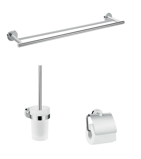 Zestaw łazienkowy 3w1 HANSGROHE Logis Universal chrom zawiera: podwójny wieszak na ręcznik, uchwyt na papier toaletowy z pokrywą, szczotkę toaletową z kubkiem naściennym | 41727000