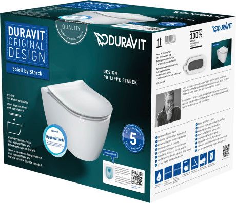 Zestaw WC z powłoką HygieneGlaze DURAVIT Soleil by Starck w komplecie: miska wc wisząca rimless bez rantu spłukującego, lejowa, HygieneFlush (2591092000), deska zdejmowana, zawiasy stalowe, z zamknięciem soft (0026490000) biały | 45910920A1
