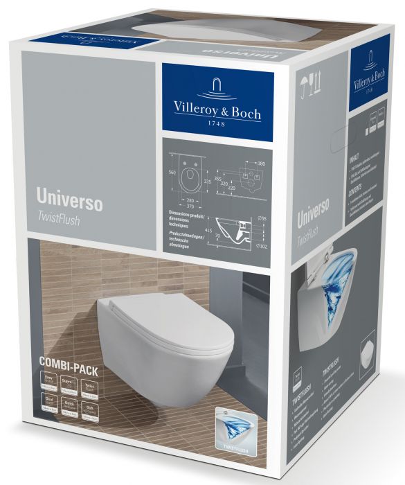 Miska ustępowa ceramiczna wisząca z powłoką CeramicPlus VILLEROY & BOCH Universo TwistFlush Combi-Pack lejowa bez kołnierza wewnętrznego w zestawie z deską sedesową AntiBac + zestaw montażowy 37 x 56 cm weiss alpin | 4670T9R1