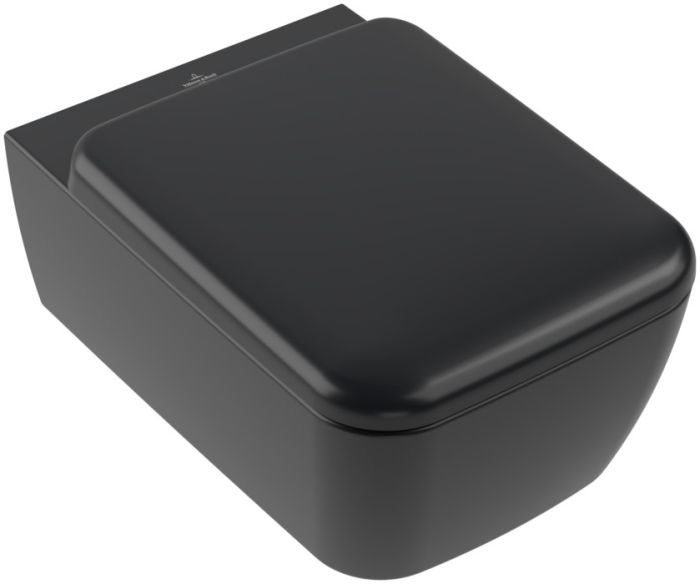 Miska WC wisząca z powłoką CeramicPlus VILLEROY & BOCH Skyla bez kołnierza wirowa TwistFlush 37 x 53 cm pure black z deską sedesową  | 4682CLR7
