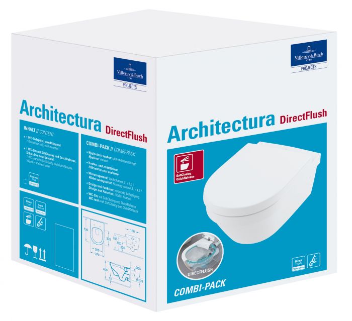 Architectura combi-pack ceramiczny wiszący odpływ poziomy weiss alpin z powłoką CeramicPlus zawiera: miskę ustępową lejową DirectFlush 4694 R0 01, deskę sedesową z zawiasami QuickRelease i SoftClosing 98M9 C1 01