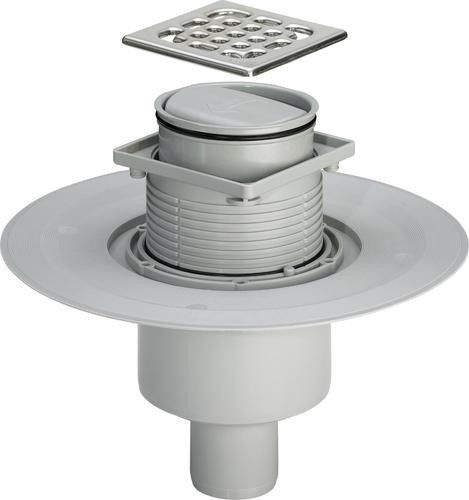 Odpływ łazienkowy pionowy, zabezpieczający przed zapachami VIEGA Advantix 4936.3 z obracaną nasadką 100 x 100 mm z ramką ze stali nierdzewnej, rusztem ze stali nierdzewnej, kołnierzem uszczelniającym | 617271