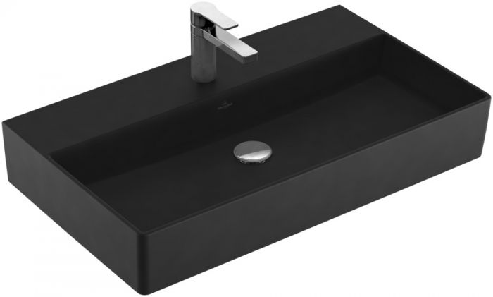 Memento 2.0 umywalka TitanCeram ścienna prostokątny z otworem z przelewem 800 x 470 x 140 mm ebony z powłoką CeramicPlus z szablonem do wycięcia otworu w blacie