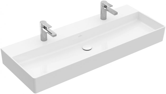Umywalka TitanCeram VILLEROY & BOCH Memento 2.0 ścienna prostokątny 2-otworowa bez przelewu 1200 x 470 mm weiss alpin z powłoką CeramicPlus z szablonem do wycięcia otworu w blacie | 4A22CGR1