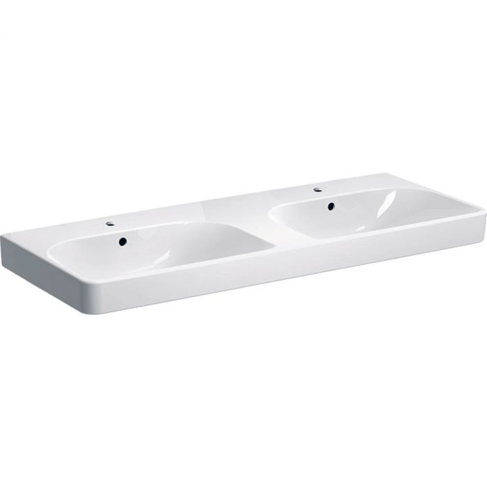 Umywalka ceramiczna GEBERIT SMYLE SQUARE możliwość osadzenia w blacie lub połączenia z półpostumentem podwójna 2-otworowa z 2 przelewami 1200 x 480 x 165 mm biała | 500223011