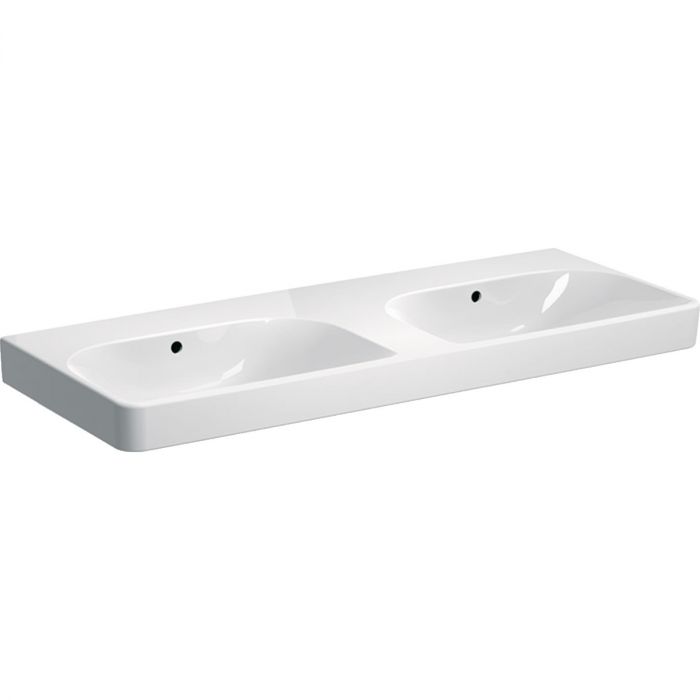 Umywalka ceramiczna GEBERIT SMYLE SQUARE możliwość osadzenia w blacie lub połączenia z półpostumentem podwójna bez otworu z 2 przelewami 1200 x 480 x 165 mm biała | 500224011
