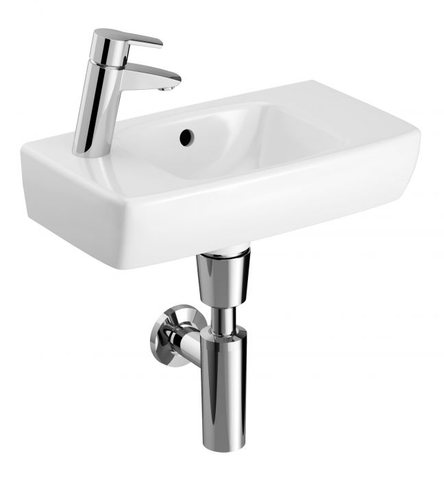 Umywalka ceramiczna GEBERIT SELNOVA COMPACT krótka, kompaktowa z otworem z przelewem z powierzchnią odkładczą po prawej stronie 450 x 250 x 145 mm biała | 500319015
