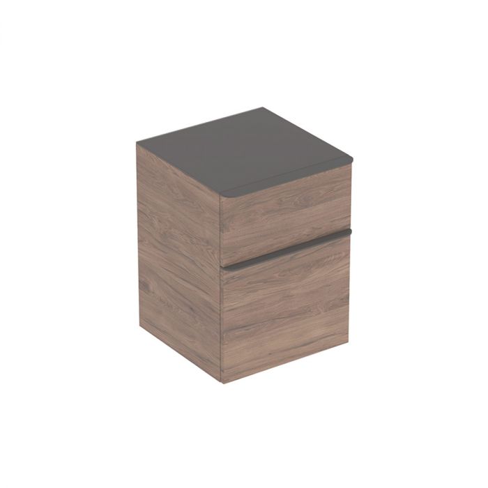 Szafka boczna wisząca płyta wiórowa 450 x 470 x 600 mm  orzech hickory / melaminowa struktura drewna z dwoma szufladami, wilgocioodporna GEBERIT SMYLE SQUARE | 500357JR1
