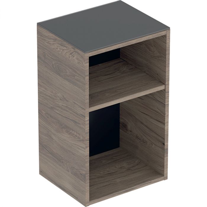 Szafka boczna wisząca, otwarta Sprasowana trójwarstwowa płyta wiórowa 360 x 299 x 597 mm orzech włoski hickory / melamina, struktura drewna z jedną półką GEBERIT SMYLE SQUARE | 500358JR1