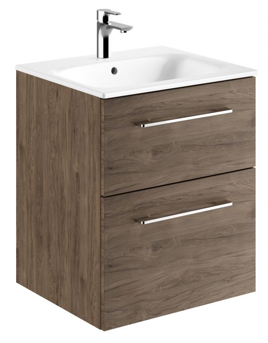 Zestaw łazienkowy 550 x 502 x 652 mm orzech włoski hickory GEBERIT SELNOVA SQUARE szafka pod umywalkę z dwiema szufladami, z umywalką meblową z cienkim rantem, z przelewem, z otworem na baterię | 501234001
