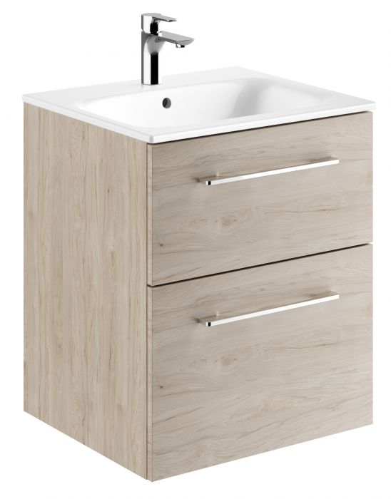 Zestaw łazienkowy 550 x 502 x 652 mm orzech włoski hickory jasny GEBERIT SELNOVA SQUARE szafka pod umywalkę z dwiema szufladami, z umywalką meblową z cienkim rantem, z przelewem, z otworem na baterię | 501235001