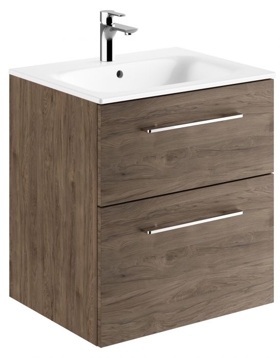 Zestaw łazienkowy 600 x 502 x 652 mm orzech włoski hickory GEBERIT SELNOVA SQUARE szafka pod umywalkę z dwiema szufladami, z umywalką meblową z cienkim rantem, z przelewem, z otworem na baterię | 501238001