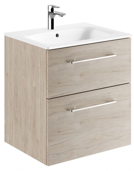 Zestaw łazienkowy 600 x 502 x 652 mm orzech włoski hickory jasny GEBERIT SELNOVA SQUARE szafka pod umywalkę z dwiema szufladami, z umywalką meblową z cienkim rantem, z przelewem, z otworem na baterię  | 501239001