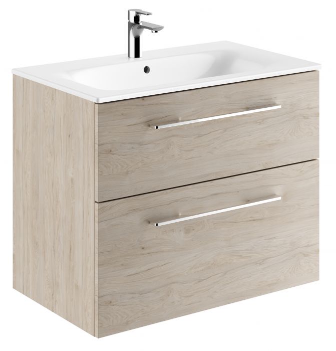 Zestaw łazienkowy 800 x 502 x 652 mm orzech włoski hickory jasny GEBERIT SELNOVA SQUARE szafka pod umywalkę z dwiema szufladami, z umywalką meblową z cienkim rantem, z przelewem, z otworem na baterię | 501243001