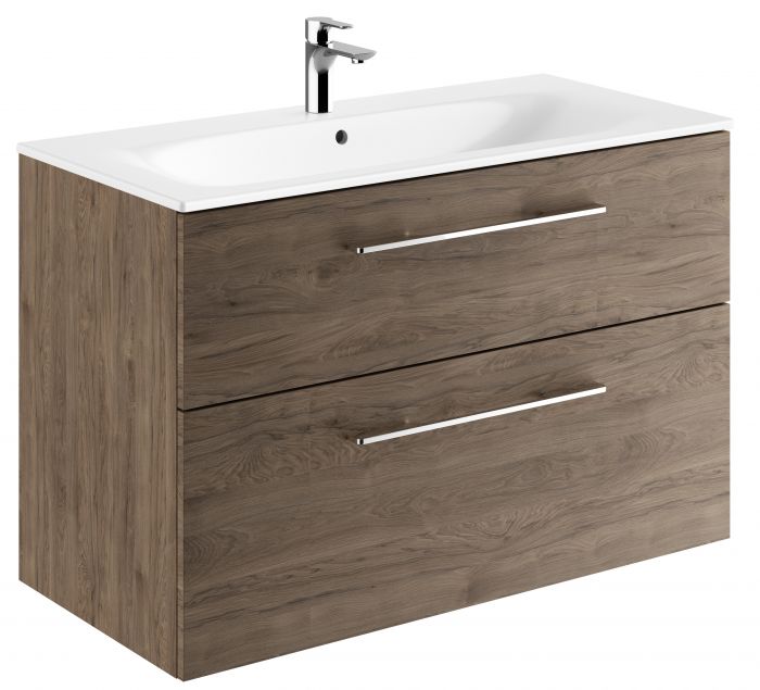 Zestaw łazienkowy 1000 x 502 x 652 mm orzech włoski hickory GEBERIT SELNOVA SQUARE szafka pod umywalkę z dwiema szufladami, z umywalką meblową z cienkim rantem, z przelewem, z otworem na baterię | 501246001