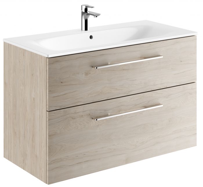 Zestaw łazienkowy 1000 x 502 x 652 mm orzech włoski hickory jasny GEBERIT SELNOVA SQUARE szafka pod umywalkę z dwiema szufladami, z umywalką meblową z cienkim rantem, z przelewem, z otworem na baterię | 501247001