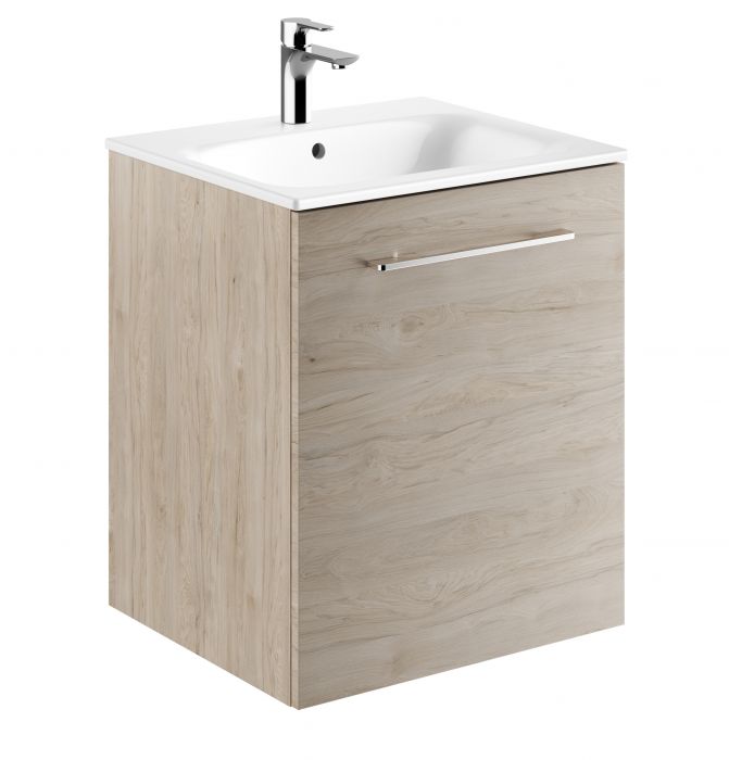 Zestaw łazienkowy 550 x 502 x 652 mm orzech włoski hickory jasny GEBERIT SELNOVA SQUARE szafka pod umywalkę z jednymi drzwiami, z umywalką meblową z cienkim rantem, z przelewem, z otworem na baterię | 501251001