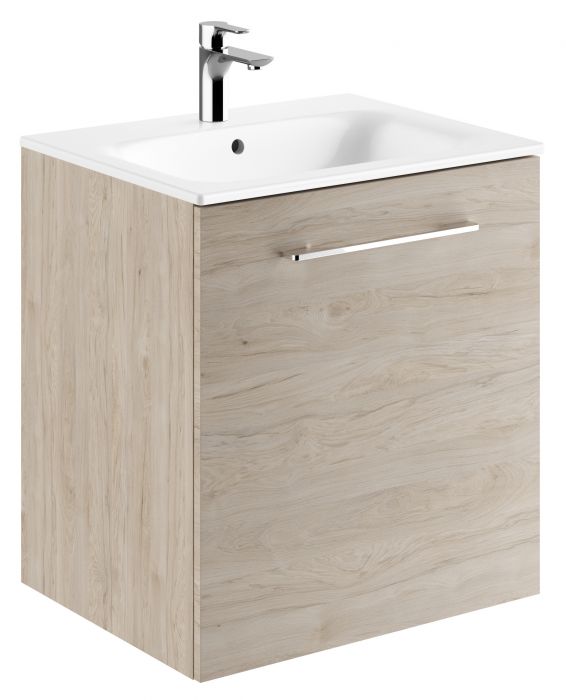 Zestaw łazienkowy 600 x 502 x 652 mm orzech włoski hickory jasny GEBERIT SELNOVA SQUARE szafka pod umywalkę z jednymi drzwiami, z umywalką meblową z cienkim rantem, z przelewem, z otworem na baterię | 501255001