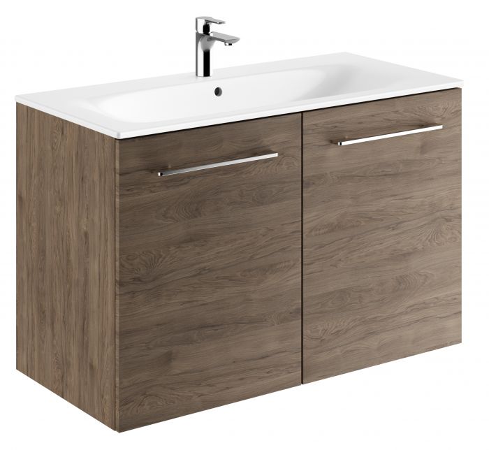 Zestaw łazienkowy 1000 x 502 x 652 mm orzech włoski hickory GEBERIT SELNOVA SQUARE szafka pod umywalkę z dwojgiem drzwi, z umywalką meblową z cienkim rantem, z przelewem, z otworem na baterię | 501262001