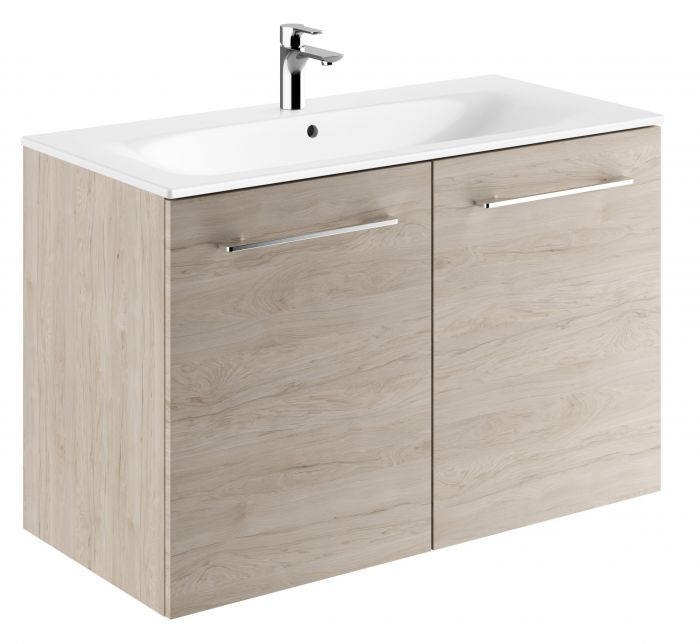 Zestaw łazienkowy 1000 x 502 x 652 mm orzech włoski hickory jasny GEBERIT SELNOVA SQUARE szafka pod umywalkę z dwojgiem drzwi, z umywalką meblową z cienkim rantem, z przelewem, z otworem na baterię | 501263001