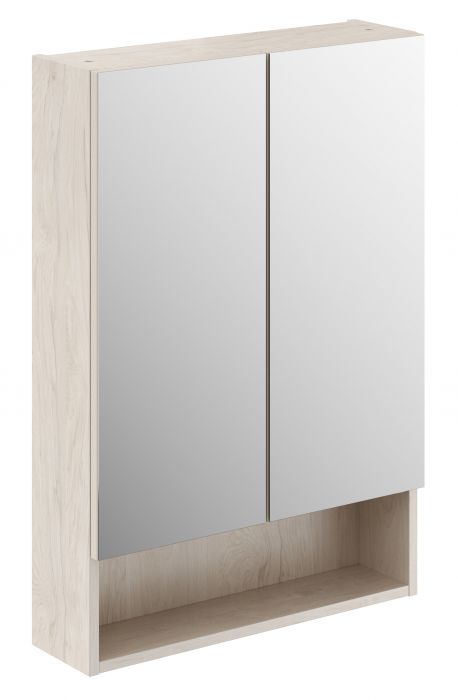 Szafka z lustrem płyta wiórowa 588 x 175 x 850 mm orzech włoski hickory jasny z dwoma drzwiami, z otwartą półką, z czterema przekładanymi szklanymi półkami GEBERIT SELNOVA SQUARE | 501267001