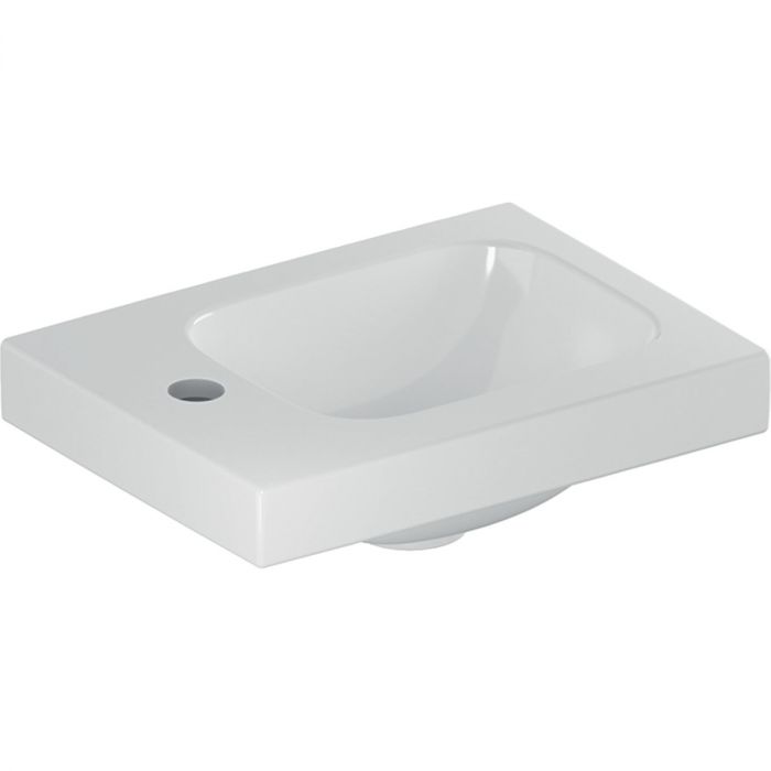 Umywalka ceramiczna GEBERIT iCon Light możliwość osadzenia w blacie kompaktowa z otworem bez przelewu z półką z lewej strony 380 x 280 x 140 mm biała z powłoką KeraTect | 501831002