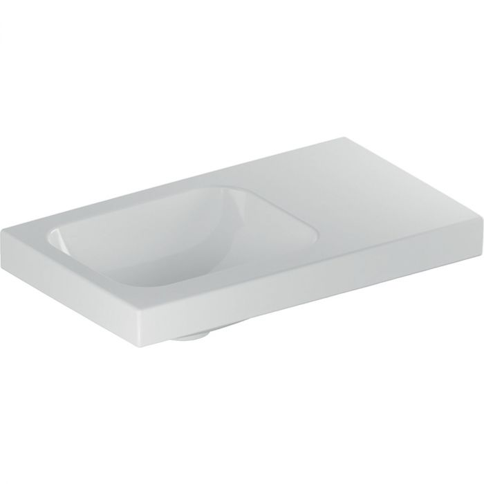 Umywalka ceramiczna GEBERIT iCon Light możliwość osadzenia w blacie kompaktowa bez otworu bez przelewu z powierzchnią odkładczą, z półką z prawej strony 530 x 310 x 140 mm biała | 501832003