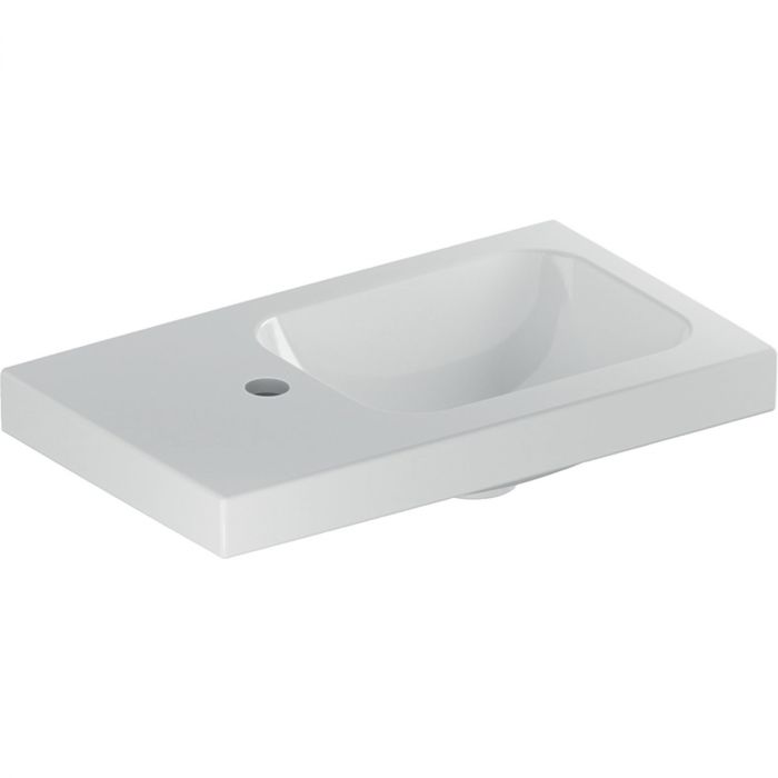 Umywalka ceramiczna GEBERIT iCon Light możliwość osadzenia w blacie kompaktowa z otworem bez przelewu z powierzchnią odkładczą, z półką z lewej strony 530 x 310 x 140 mm biała | 501833001