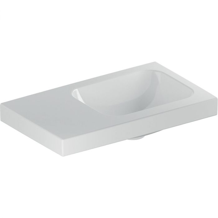 Umywalka ceramiczna GEBERIT iCon Light możliwość osadzenia w blacie kompaktowa bez otworu bez przelewu z powierzchnią odkładczą, z półką z lewej strony 530 x 310 x 140 mm biała | 501833003