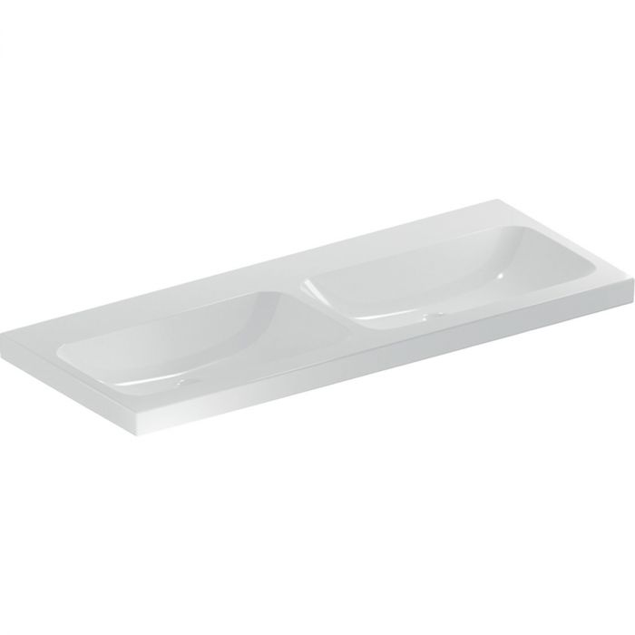 Umywalka ceramiczna GEBERIT iCon Light możliwość osadzenia w blacie podwójna bez otworu bez przelewu 1200 x 480 x 155 mm biała | 501838007