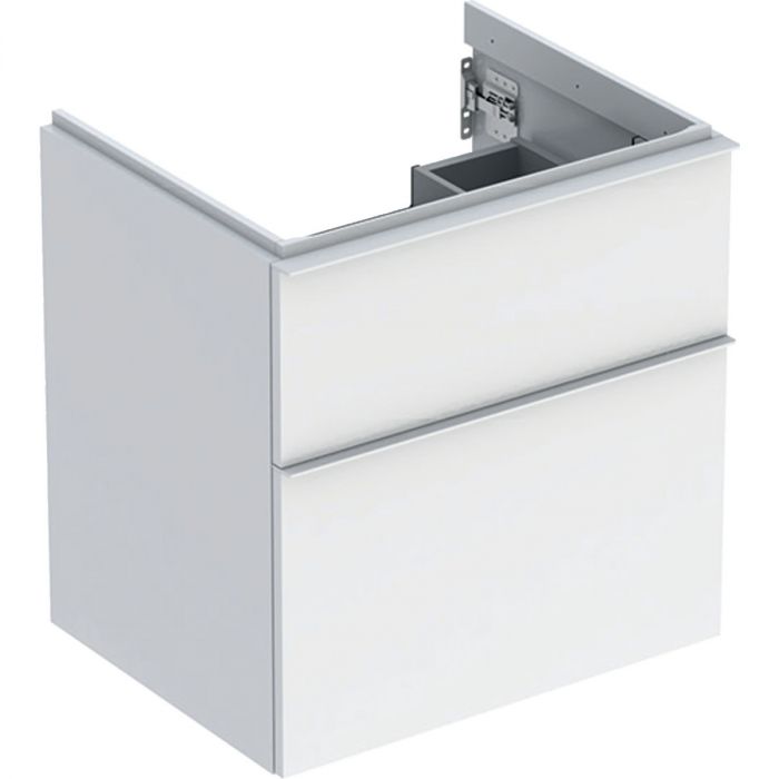 Szafka pod umywalkę dolna wisząca 592 x 476 x 615 mm biała lakierowany wysoki połysk z dwoma szufladami GEBERIT iCon | 502303011