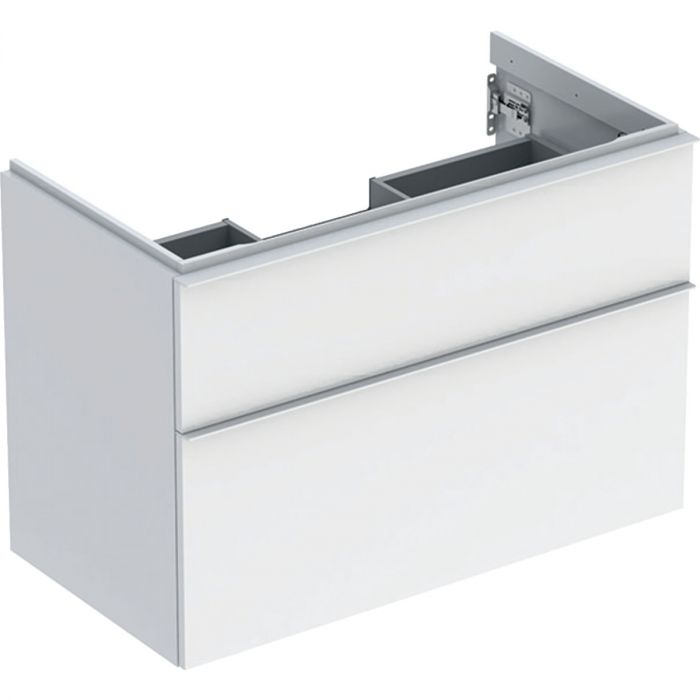 Szafka pod umywalkę dolna wisząca 888 x 476 x 615 mm biała lakierowany wysoki połysk z dwoma szufladami GEBERIT iCon | 502305011