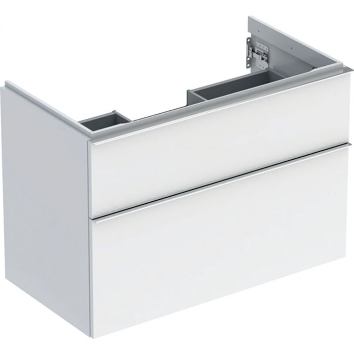 Szafka pod umywalkę dolna wisząca 888 x 476 x 615 mm biała lakierowany wysoki połysk z dwoma szufladami GEBERIT iCon | 502305012