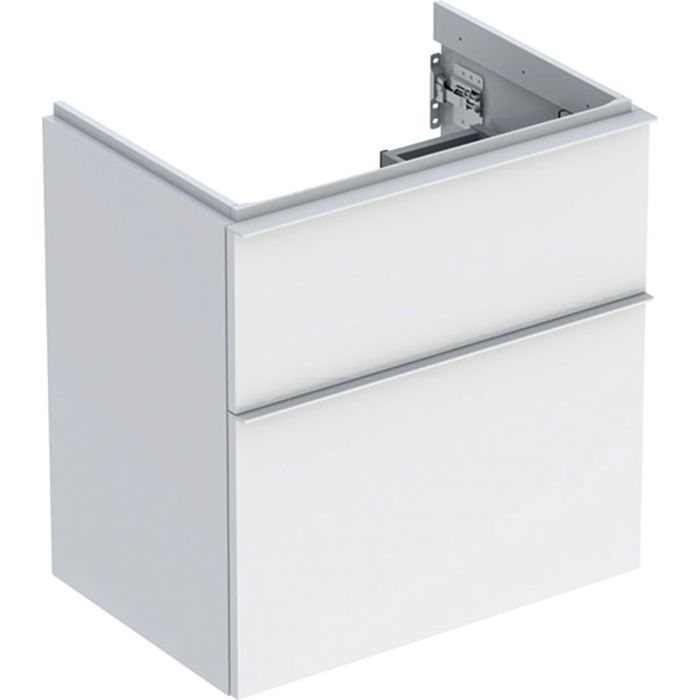 Szafka pod umywalkę wisząca dolna krótka 592 x 416 x 615 mm biała lakierowany wysoki połysk z dwoma szufladami GEBERIT iCon | 502307011