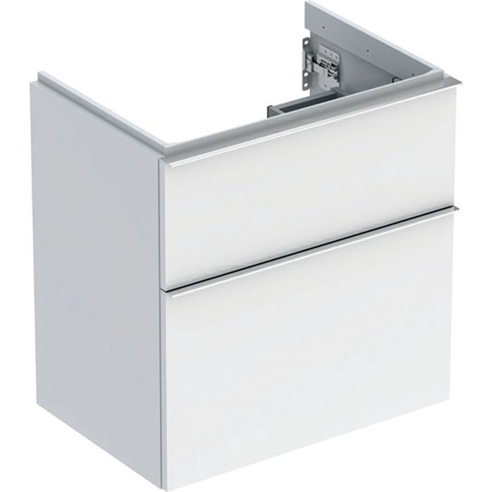 Szafka pod umywalkę wisząca dolna krótka 592 x 416 x 615 mm biała lakierowany wysoki połysk z dwoma szufladami GEBERIT iCon | 502307012