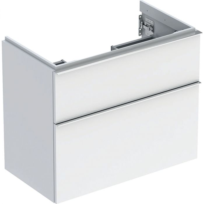 Szafka pod umywalkę wisząca dolna krótka 740 x 416 x 615 mm biała lakierowany wysoki połysk z dwoma szufladami GEBERIT iCon | 502308012