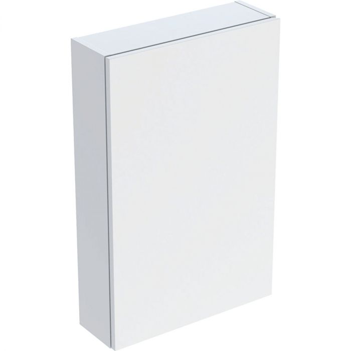 Szafka wisząca górna 450 x 150 x 700 mm biała lakierowany wysoki połysk z jednymi drzwiami, z dwoma szklanymi półkami do dolnej szafki GEBERIT iCon | 502318011
