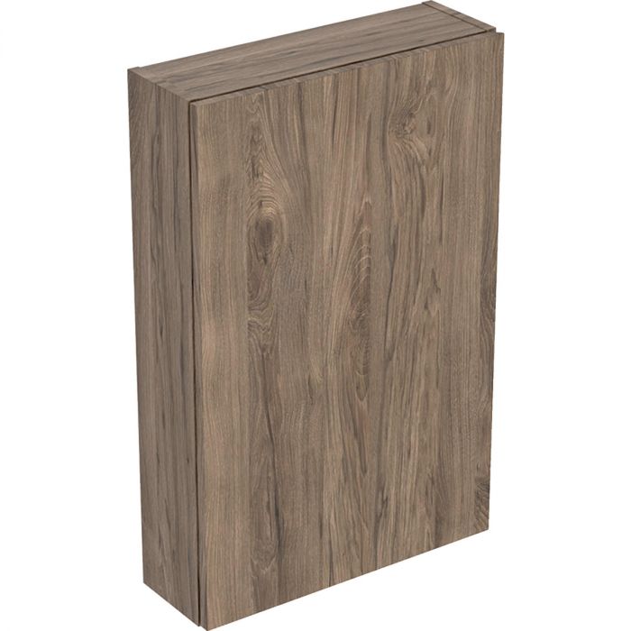 Szafka wisząca górna 450 x 150 x 700 mm orzech włoski hickory z jednymi drzwiami, z dwoma szklanymi półkami do dolnej szafki GEBERIT iCon | 502318JR1