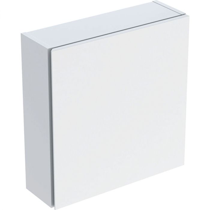 Szafka wisząca górna 450 x 150 x 467 mm biała lakierowany mat z jednymi drzwiami, szklana półka do dolnej szafki przekładana GEBERIT iCon | 502319013