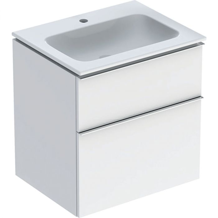 Zestaw łazienkowy wiszący 600 x 480 x 630 mm biały wysoki połysk GEBERIT iCon w komplecie: umywalka meblowa slim z otworem bez przelewu, z szafką pod umywalkę z dwoma szufladami, z zestawem odpływowo-przelewowym, elementy mocujące  | 502335012
