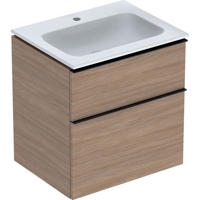 Zestaw łazienkowy wiszący 600 x 480 x 630 mm dąb GEBERIT iCon w komplecie: umywalka meblowa slim z otworem bez przelewu, z szafką pod umywalkę z dwoma szufladami, z zestawem odpływowo-przelewowym, elementy mocujące  | 502335JH1