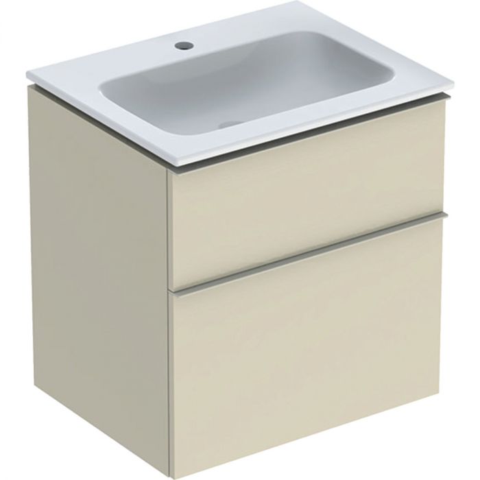 Zestaw łazienkowy wiszący 600 x 480 x 630 mm szary piaskowy wysoki połysk GEBERIT iCon w komplecie: umywalka meblowa slim z otworem bez przelewu, z szafką pod umywalkę z dwoma szufladami, z zestawem odpływowo-przelewowym, elementy mocujące  | 502335JL1