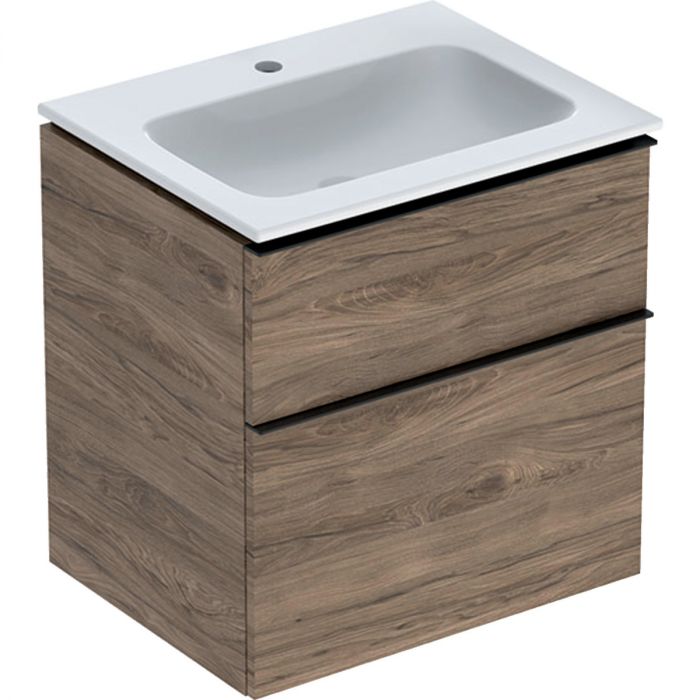 Zestaw łazienkowy wiszący 600 x 480 x 630 mm orzech hickory GEBERIT iCon w komplecie: umywalka meblowa slim z otworem bez przelewu, z szafką pod umywalkę z dwoma szufladami, z zestawem odpływowo-przelewowym, elementy mocujące  | 502335JR1