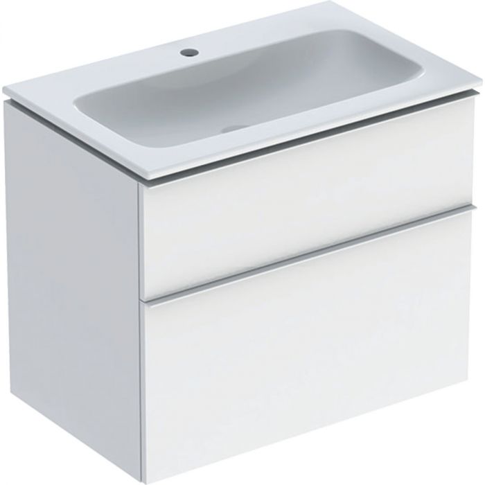 Zestaw łazienkowy wiszący 750 x 480 x 630 mm biały wysoki połysk GEBERIT iCon w komplecie: umywalka meblowa slim z otworem bez przelewu, z szafką pod umywalkę z dwoma szufladami, z zestawem odpływowo-przelewowym, elementy mocujące  | 502336011